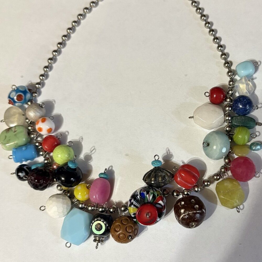 Amazing CZECH ART GLASS BEADS Multicolor COLORFUL SILVER CHAIN NECKLACE 18"